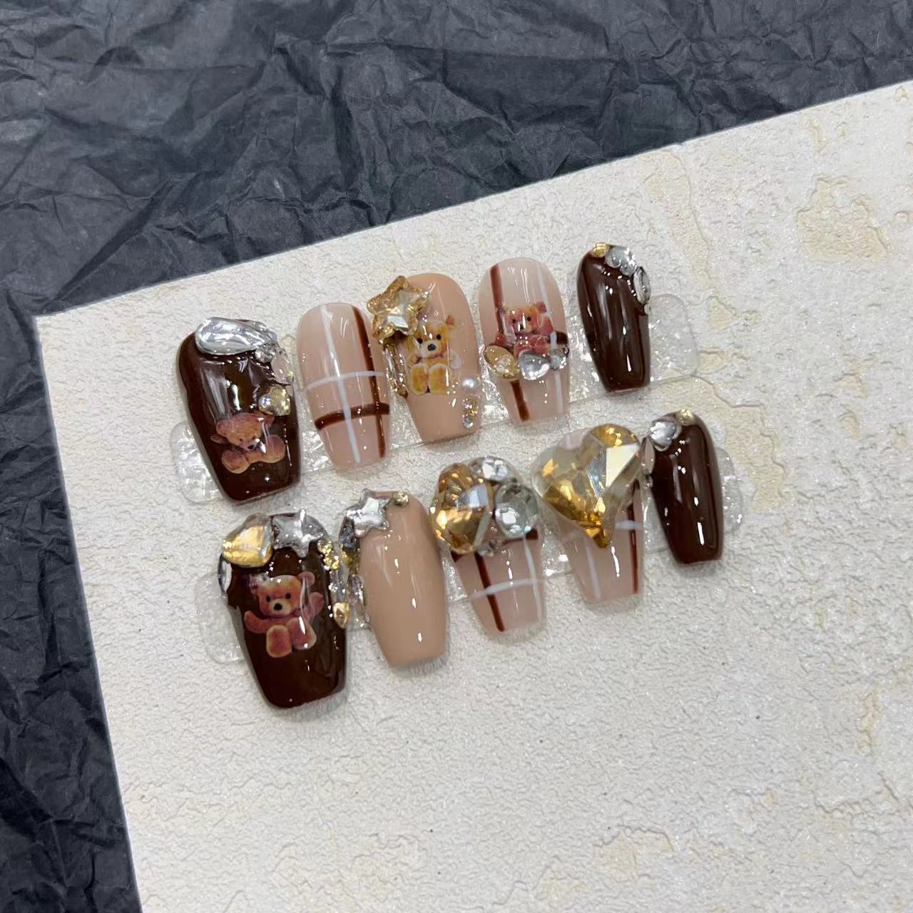 

Ношение Ногтей Ручной Работы Маникюр Готовый Накладные Ногти Патчи Осень и Зима Милый Плюшевый Мишка Тедди Маникюр Флэш Бриллиант Extra small XS