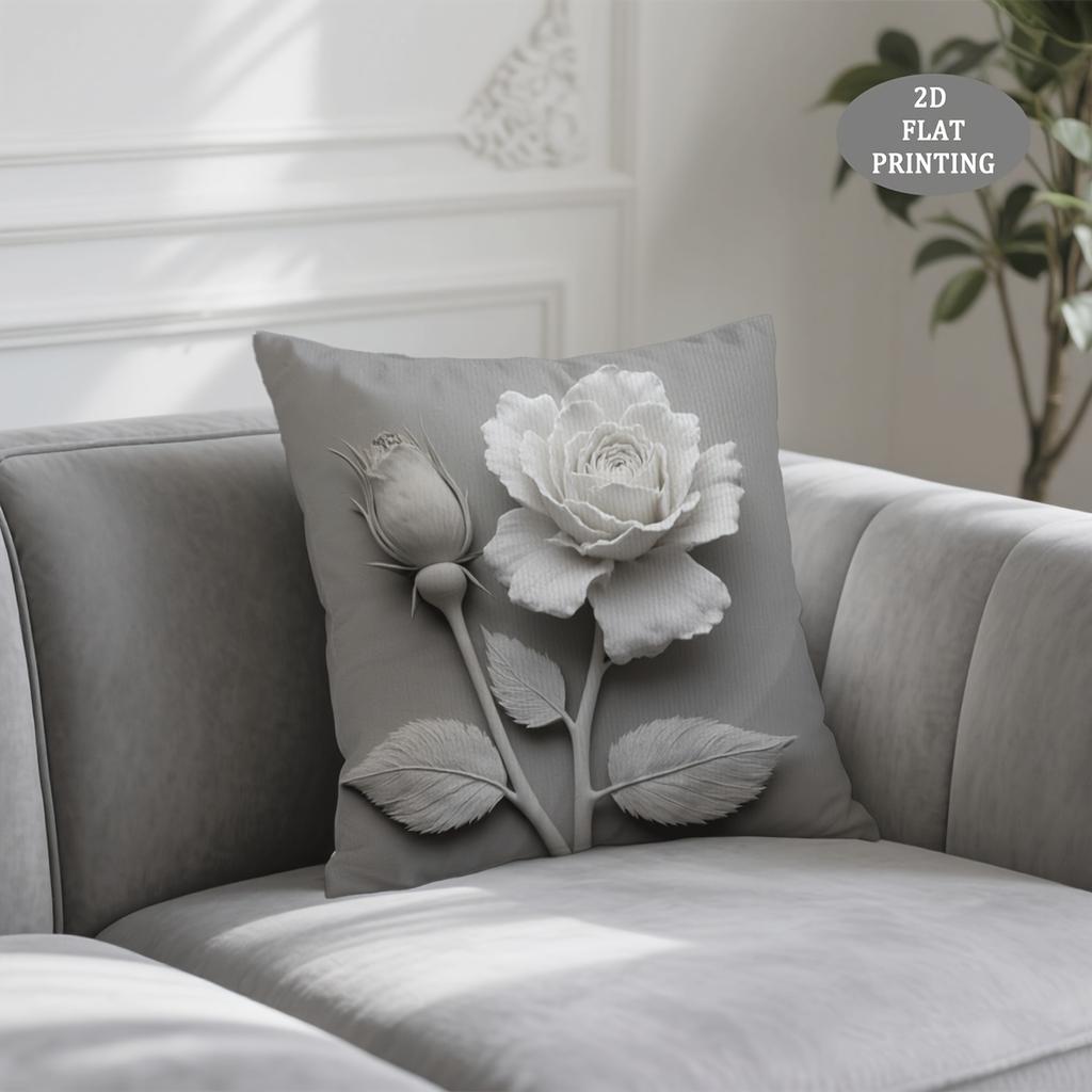 1pc Throw Pillow Cover, Gray Rose Pattern Short Plush Pillowcase, INS Style, No Insert Included, Suitable for Sofa Cushion, Seat Cushion