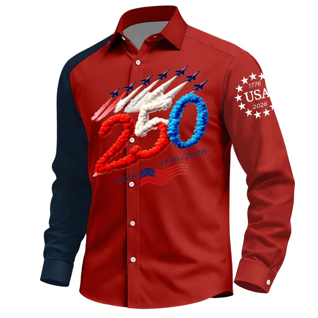 Men's Casual Independence Day Printed Lasel Button Long Sleeve Shirt