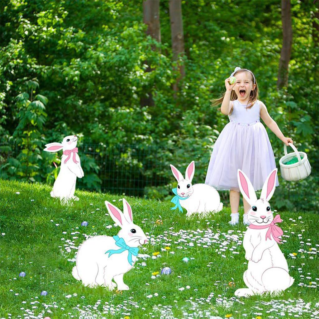Set of 4 Easter Bunny Garden Stakes - Adorable 2D Flat Outdoor Rabbit Ornaments for Lawn and Patio Decoration