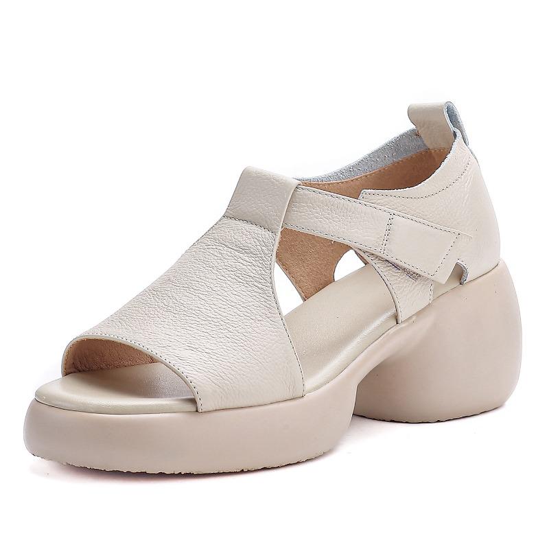Pure Cowhide Summer New Thick-soled Casual Versatile Leather High-heeled Sandals Fish Mouth Velcro Mother Shoes