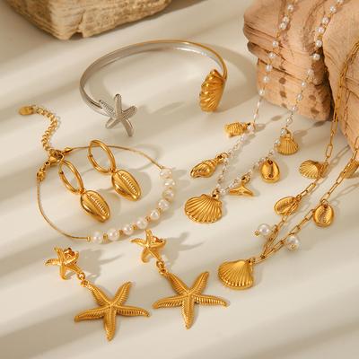 Ocean Theme Starfish Earrings Pearl Scallop Pendant Necklace And Fade Resistant Bracelet Set