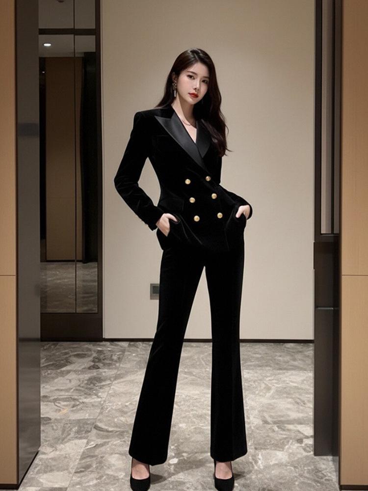 Women s Black Gold Velvet Double-Breasted Suit Set - Elegant Professional Attire, Luxurious Old Money Style. Small