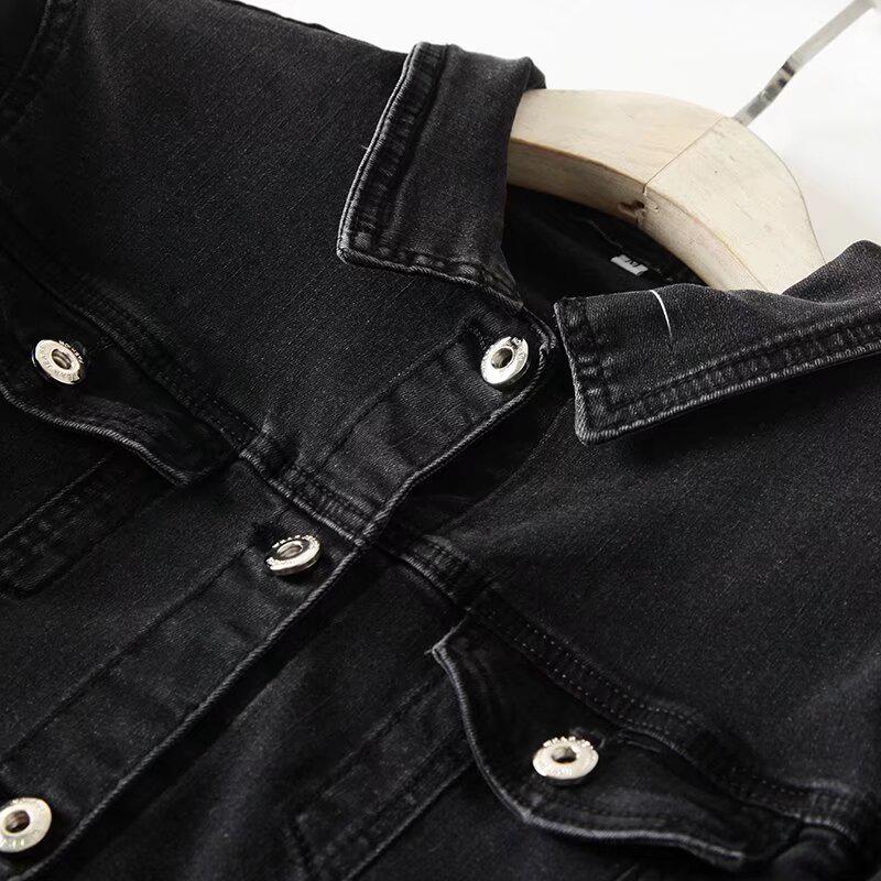 Women's Black Stretch Denim Jacket - Retro, Versatile, Short Spring Outerwear