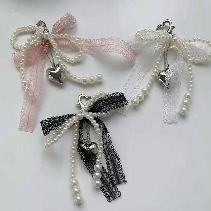 1 Piece Phone Charm Strap Pendant Sweet Imitation Pearls Lace Bow Beaded Keychain Bag Hanging Cord For Women Girl