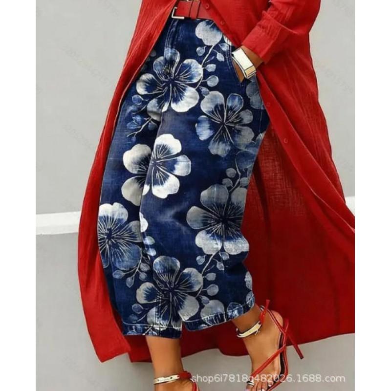 2026 Womens Wide Leg Denim Pants Loose Fit Printed Casual Trousers Mid-Rise Straight Cut