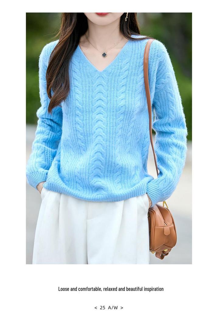 Women's Loose V-Neck Cable Knit Wool Sweater - 100% Pure Cozy Knitwear for Autumn/Winter
