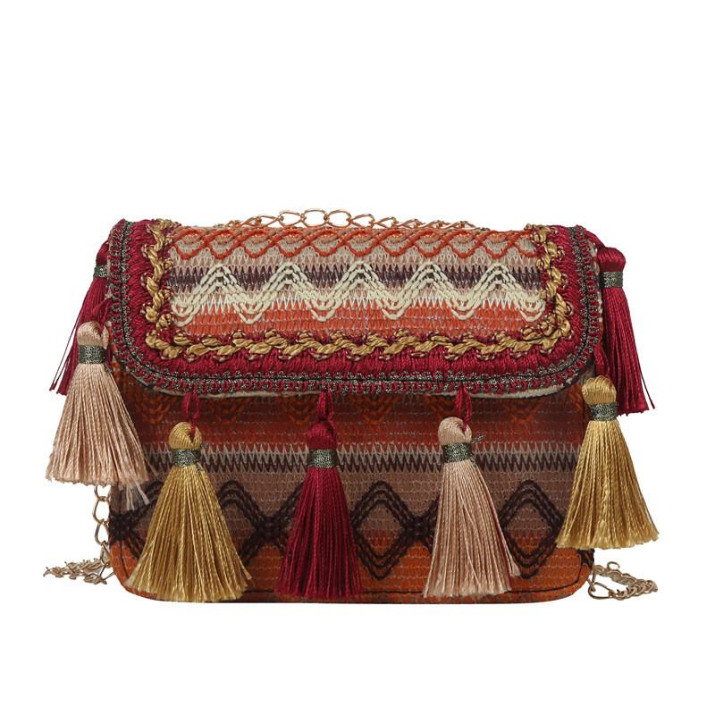 Ethnic Style Fringed Small Square Bag With Chain Strap For Daily Casual Wear