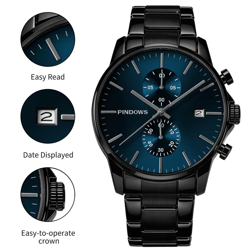 PINDOWS Stainless Chronograph Quartz Watch with Automatic Date Function Men's Watch, Fashionable, Minimalist, Business, Durable, Steel, Waterproof,