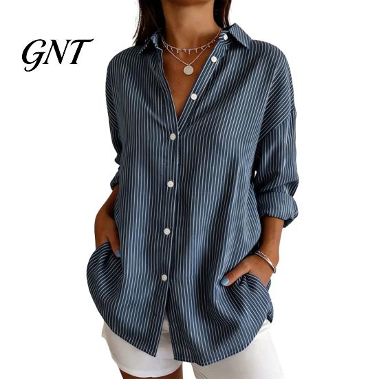 Office Work Tops Women Striped Shirt for Summer Autumn, Button Down Single Loose Fit Shirts Breasted Blouse, Dressy Casual Long Sleeve Collared