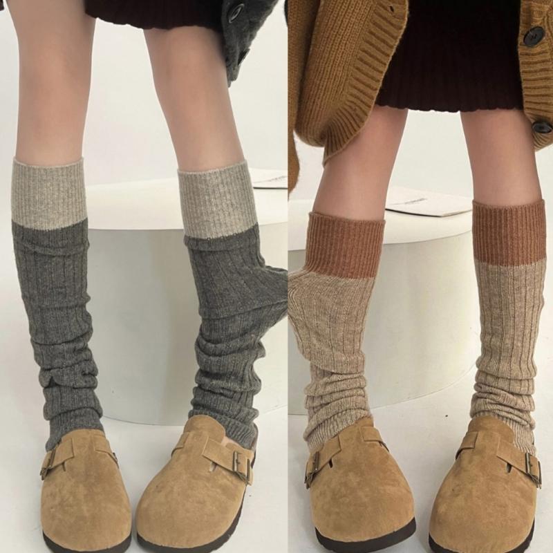Womens Winter Warm Ribbed Knit Leg Warmers Japanese Style Harajuku Vintage Colorblock Long Boot Socks Thermal Leg Cover