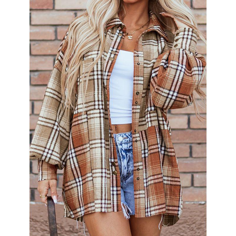 2025 Autumn New Plaid Color Matching Shirt Outerwear Women European and American Leisure Loose Mid-Length Single-Breasted Shirt