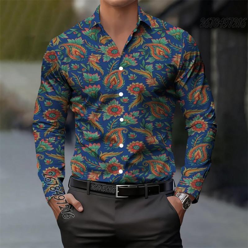 Camicia da uomo vintage in cashmere con stampa floreale paisley a maniche lunghe, casual, elegante, alla moda, comoda, alta qualità, top da uomo con colletto