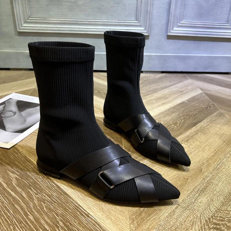 Fashion 2024 European Station Autumn and Winter New Pointy Flat Comfortable All-match Elastic Ankle Boots for Women Thin Riding Boots
