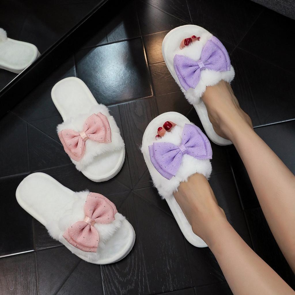 plush large European and American plush bow cotton slippers plush cotton slippers