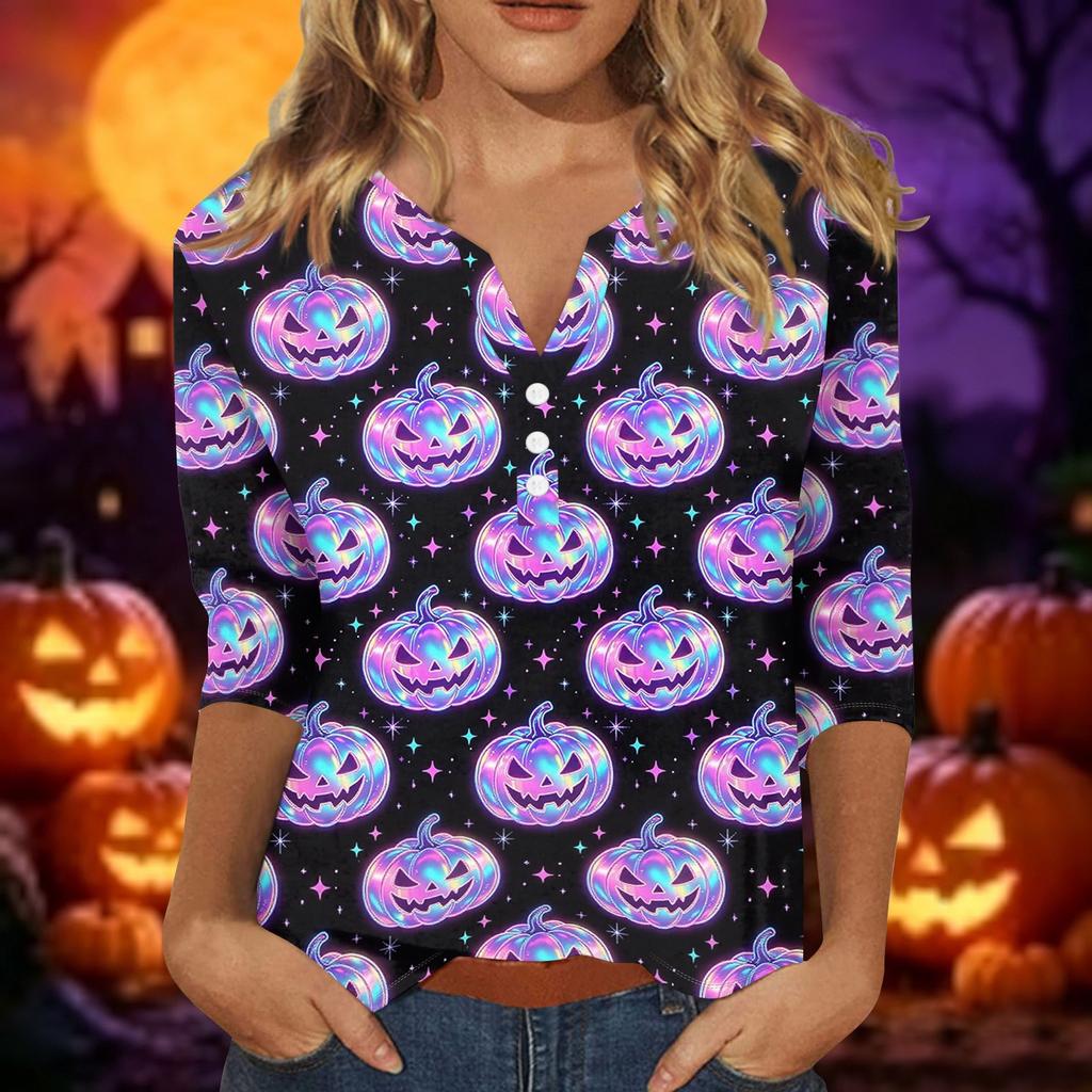Women Casual Halloween Printed V Neck Short Sleeve Button Decor Three Quarter Sleeve T Shirt Top for Daily Wear