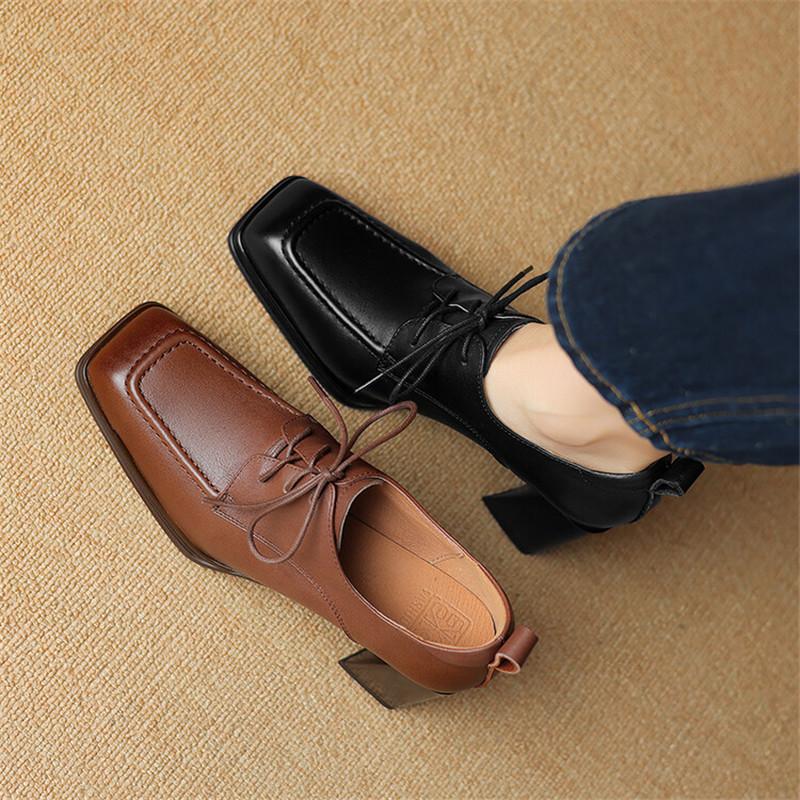 Fashion New Spring Genuine Leather Women Shoes French Retro Square Toe Lace Women Pumps High Heels Loafers Shoes for Women Ladies Shoes