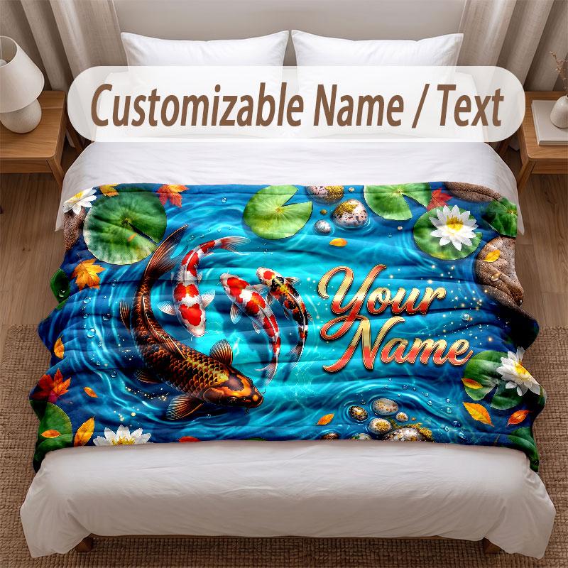 Koi Fish Theme Soft Blanket Personalized Custom Name Text Print Warm Blanket Home Sofa Bedroom Decor