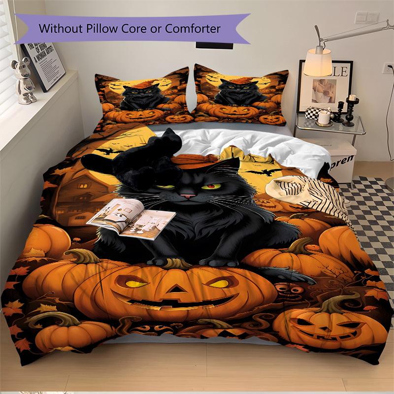 3pcs Cat, Jack-o'-Lantern Duvet Cover Set -Includes 1 Duvet Cover and 2 Pillowcases, No Quilt Core, All-Season Home Decor Yy251111121