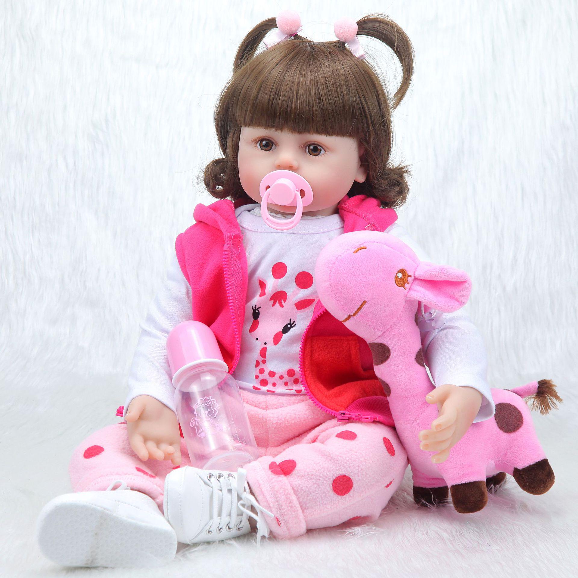 

58cm Soft Curly-Haired Reborn Doll: Fashionable Parent-Child Interactive Toy Brown Eyes розовый