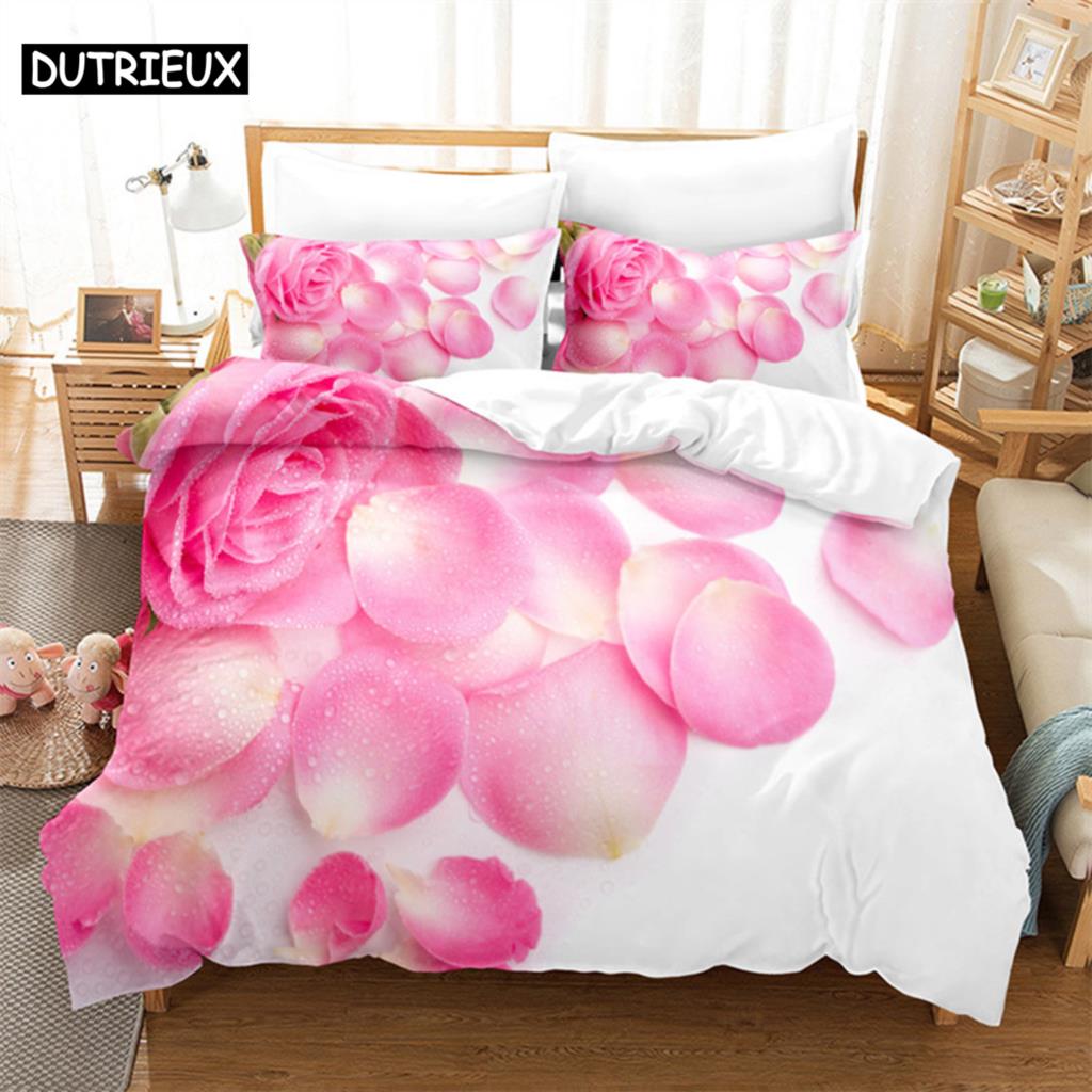 Pink Rose Queen Bedding Set Boys Girls Duvet Cover Bedroom Bed Set Comforter Cover Set King Size Duvet Cover Set Bedding Sets