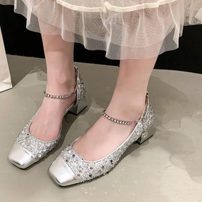 Fashion Fashion Side Empty Single Shoes Summer New Square Head Shallow Mouth Sequin Cloth Crystal Buckle Non-slip Square Heel Shoes