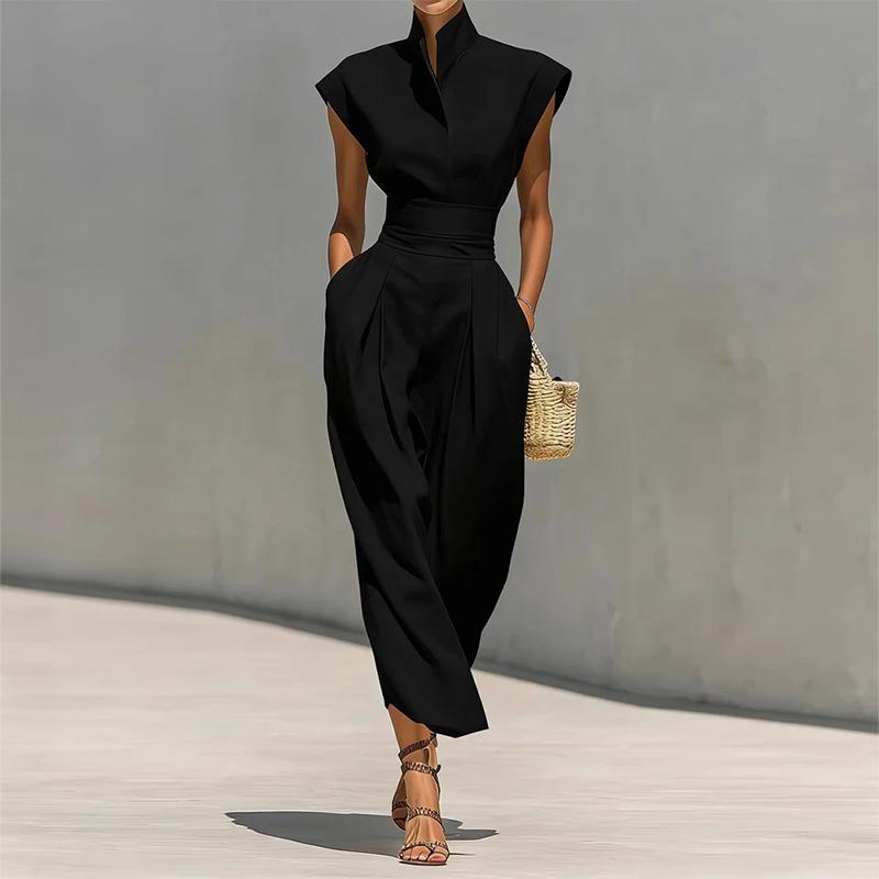 Spring new women's clothing, European and American, fashion temperament elegant solid color waist dress