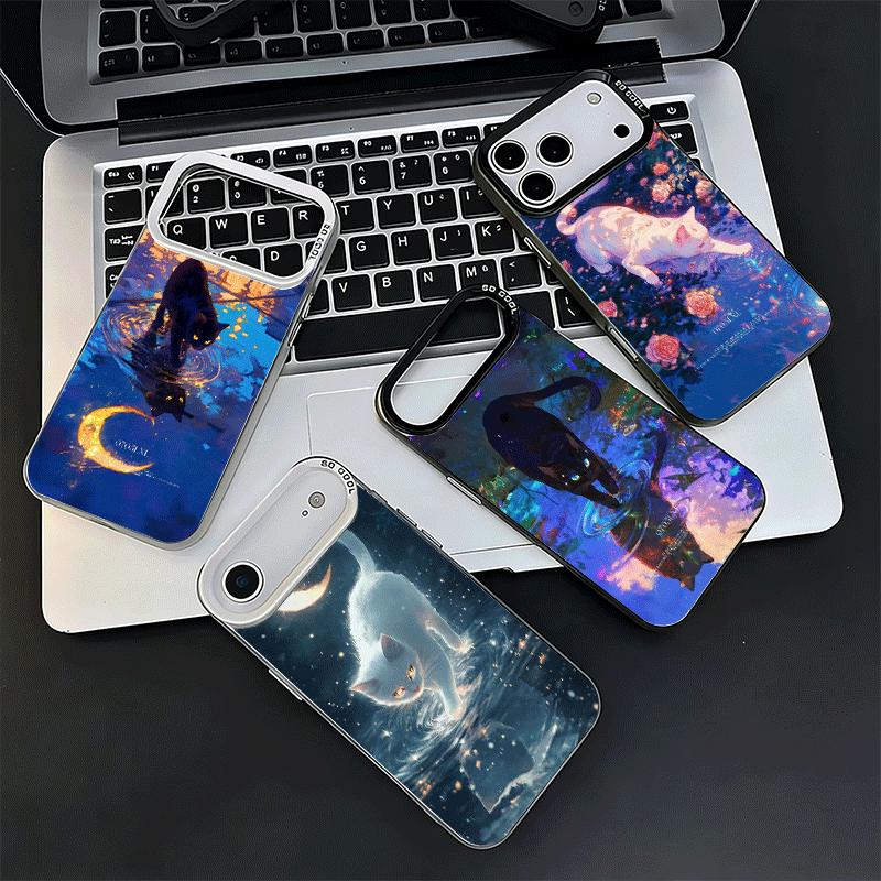 Night Moon Cat Dreamy Art Shockproof Phone Case for iPhone 17 Air 16 16E 15 Pro Max 14 Plus 13 Mini 12 Back Cover Anti Fall Fund