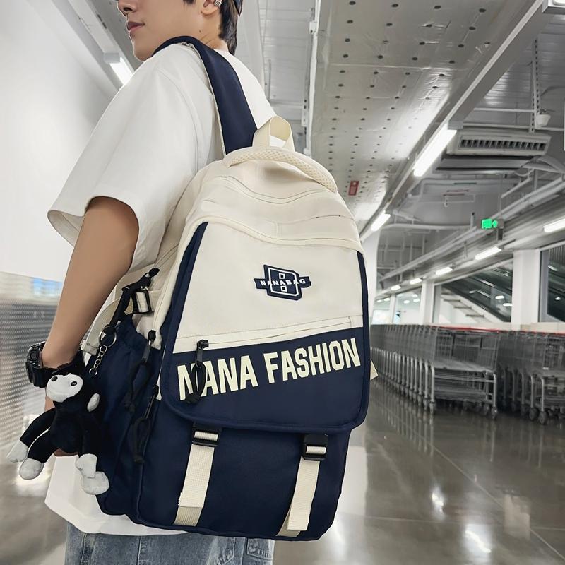 Men Letter Print Backpack Color Block Student Schoolbag Women Large Capacity Backpack