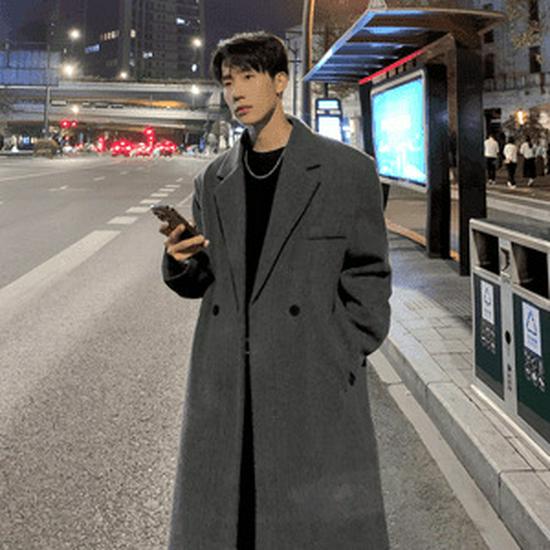 High-End Men's Grey Wool Trench Coat - Trendy, Loose, Mid-Length, Korean-Style, for Autumn and Winter