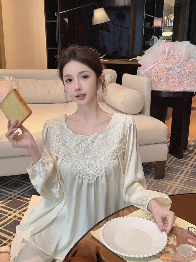 Spring Sweet Princess Lace Ice Silk Pajamas: Women's Loose Korean Court Style, Long Sleeve Pullover Top and Pants Set