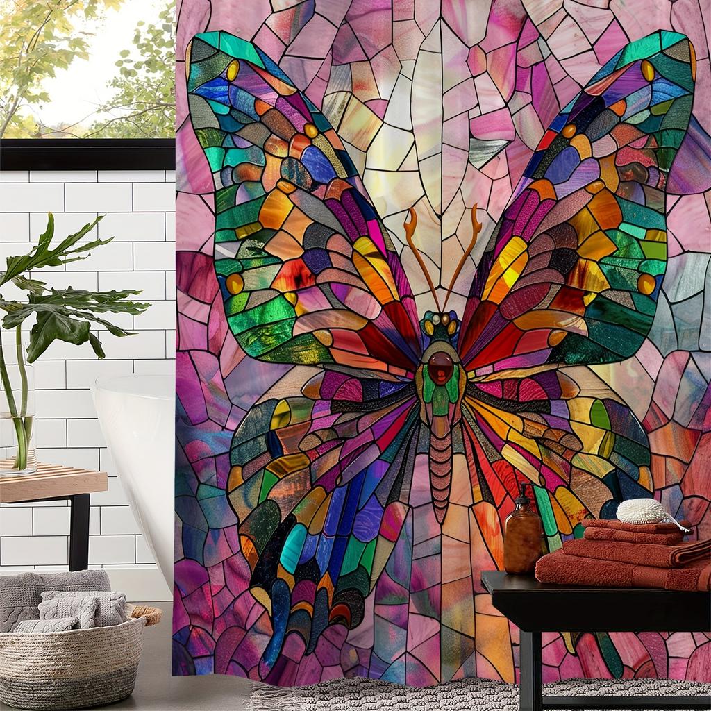 Stained Glass Butterfly Waterproof Mildew-Resistant Shower Curtain - Vibrant Design For A Stunning Bathroom Dcor Experience