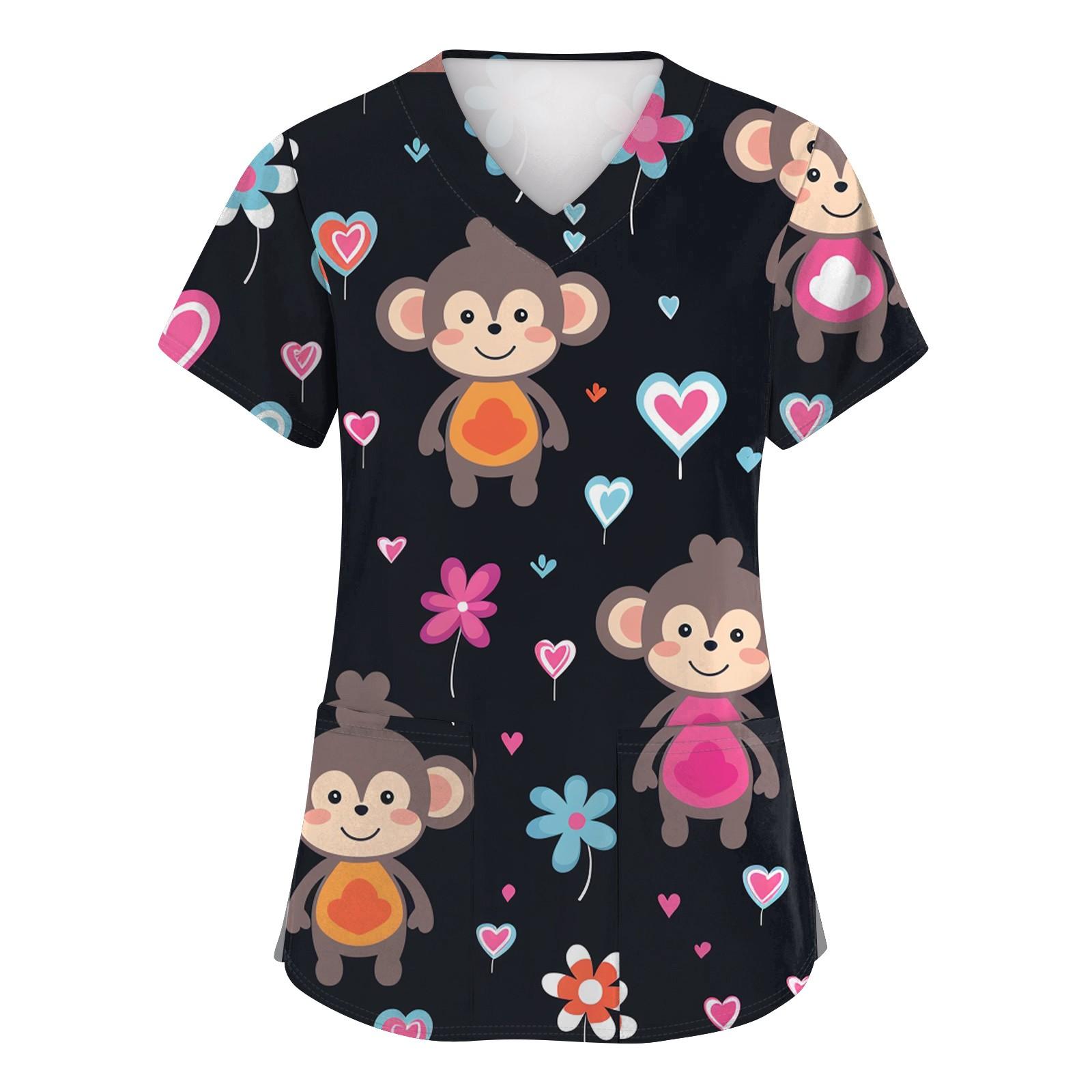 

Women s Fashion Short Sleeve Cute Animal Printed V-Neck Pocket Workwear Tops XXXL чёрный