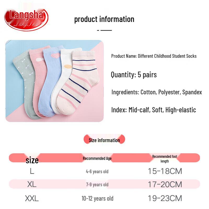 Langsha Girls' Polka Dot Striped Mid-Calf Cotton Socks - 5 Pair Pack