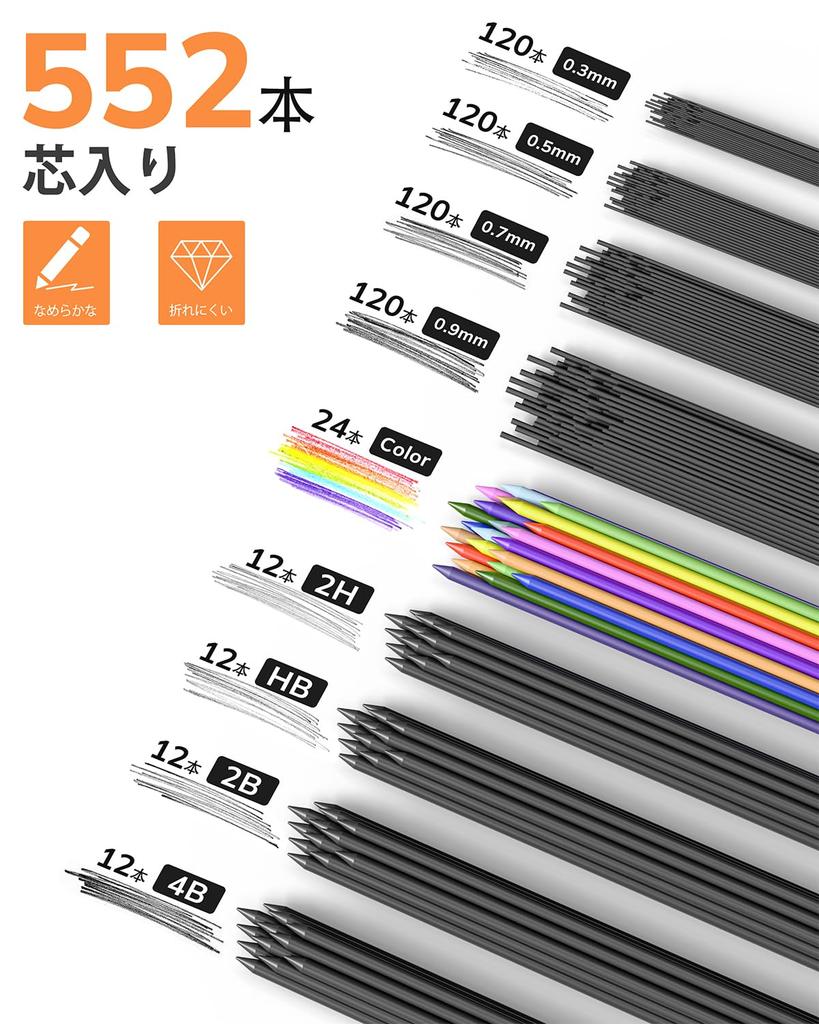 Four Candies Metal Drawing Pencil Set with Leads 4B for School Stationery Set 0.3, 0.5, 0.7, 0.9 & 2.0mm (HB, 2H, 2B, Colors) Art, Sketching, Design,