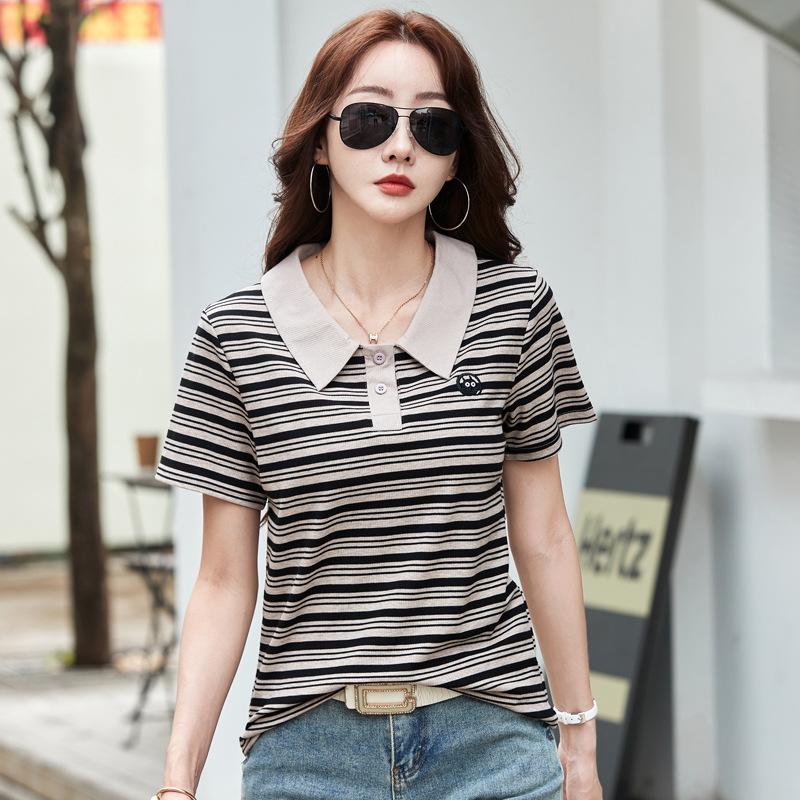 Summer Women's Embroidery Slim Slim Striped Lapel Short Sleeve T-shirt