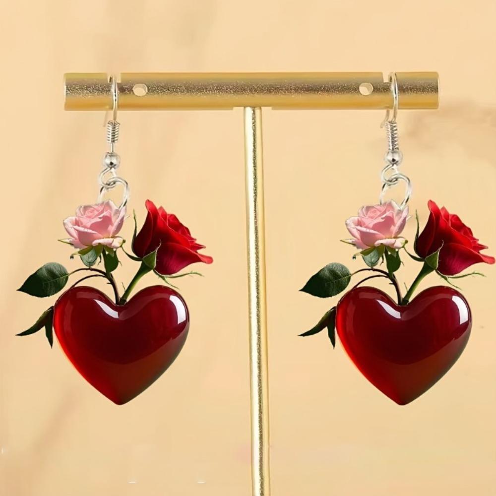 New Sweet Romantic Simulation Pink Red Rose Flowers Heart-shaped Acrylic Dangle Earrings for Women Valentine's Day Jewelry Gifts