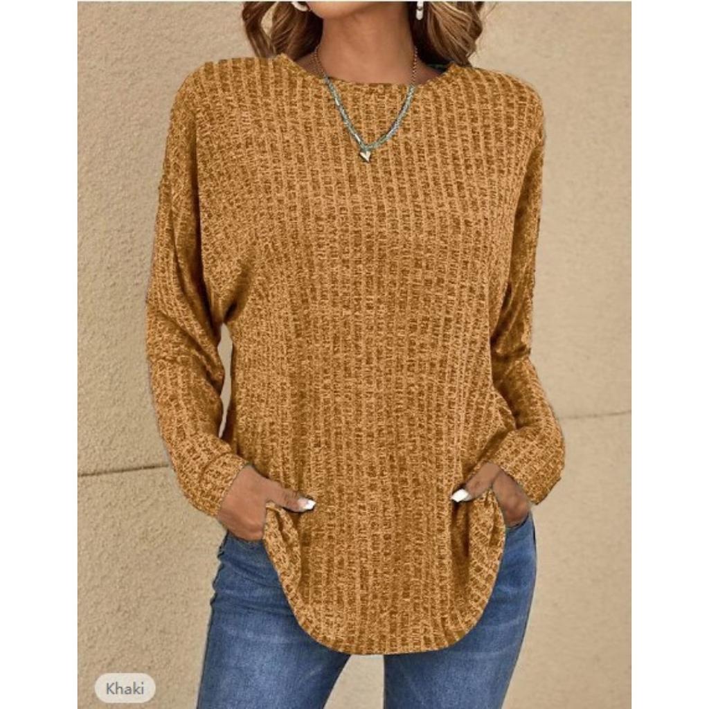 Fall New Ribbed Crew Neck Loose Long Sleeve Knit Top T-shirt for Women European American Style
