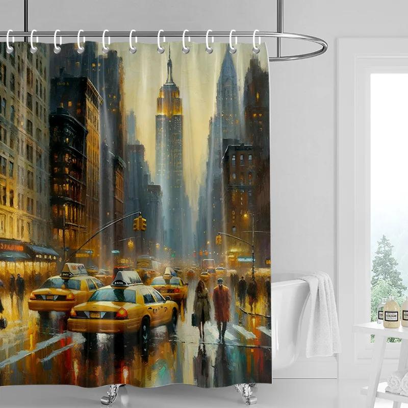 Creative Car Illustration Shower Curtain Waterproof Bathroom Curtain Partition Curtain Bathroom Decoration With 12 Hooks