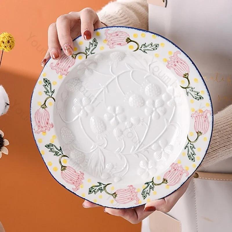 Creative Relief Flower Ceramic Plates Light Luxury Restaurant Pasta Dessert Plate Delicious Dishes Dining Plate Unique Tableware