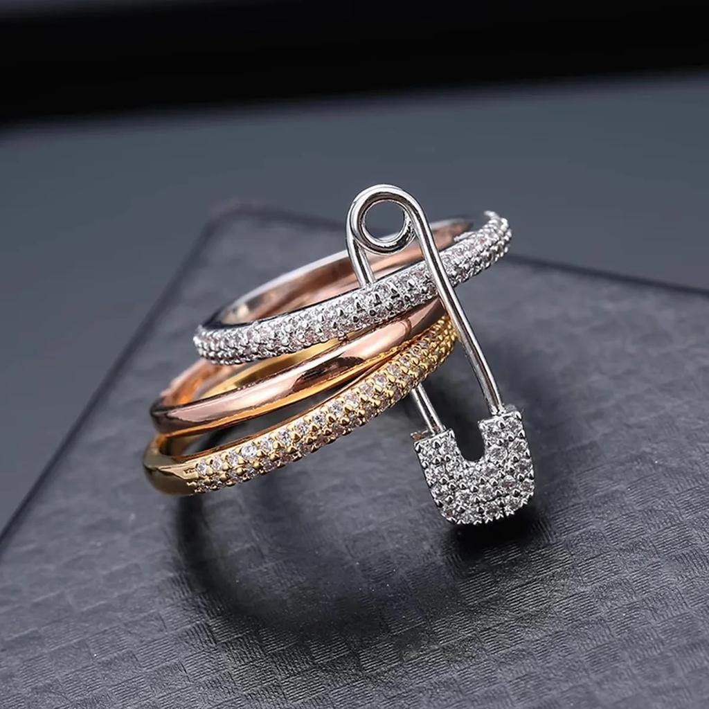 Stainless Steel Three Layer Zircon Ring Hip Hop Style Jewelry Gift for Men Women Party New Year Fashion