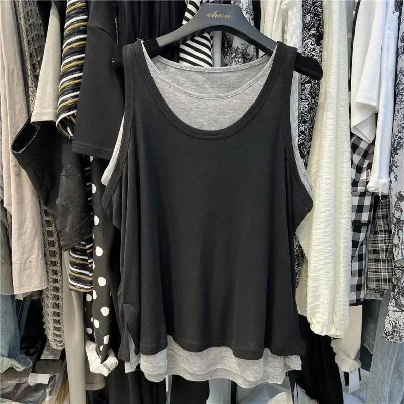 

Жилет большого размера, женская майка без рукавов, винтажный свободный поддельный двухсекционный жилет, повседневный жилет с V-образным вырезом XXXL чёрный