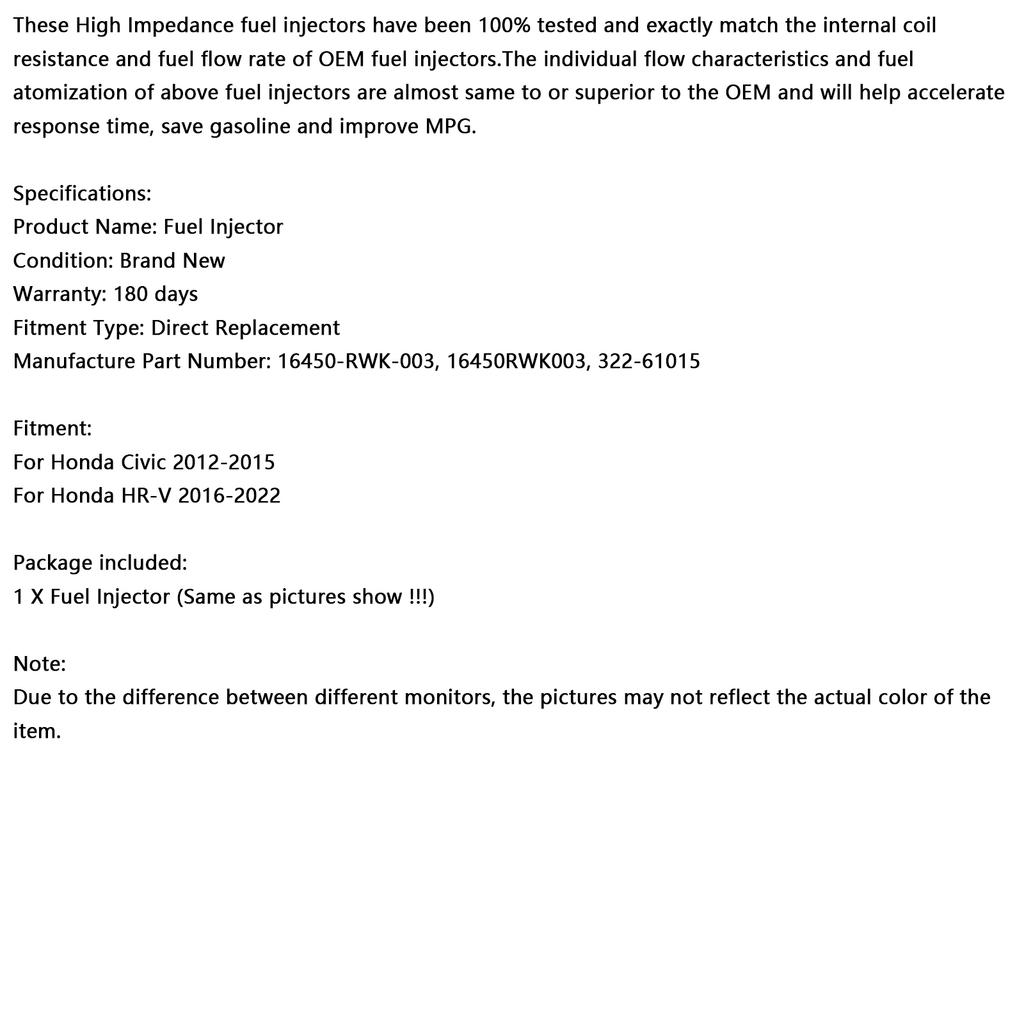1PCS Fuel Injector 16450-RWK-003 Fit Honda HR-V 2016-2022 Fit Honda Civic