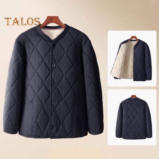 Men Coat V-Neck Long Sleeve Single Breasted Windproof Warm Jacket Solid Color Thickened Velvet Lining Outwear