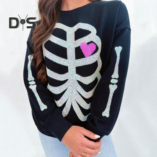 Women Sweatshirt Skeleton Pattern Round Neck Sequin Decor Long Sleeves Loose Elastic Cuffs Pullover Sport Daily Wear Fall Spring Top