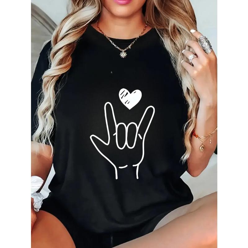 Oversized T Shirt Black Love Sign Hand Gesture Print Casual Streetwear Fashion For Women Summer Outfit
