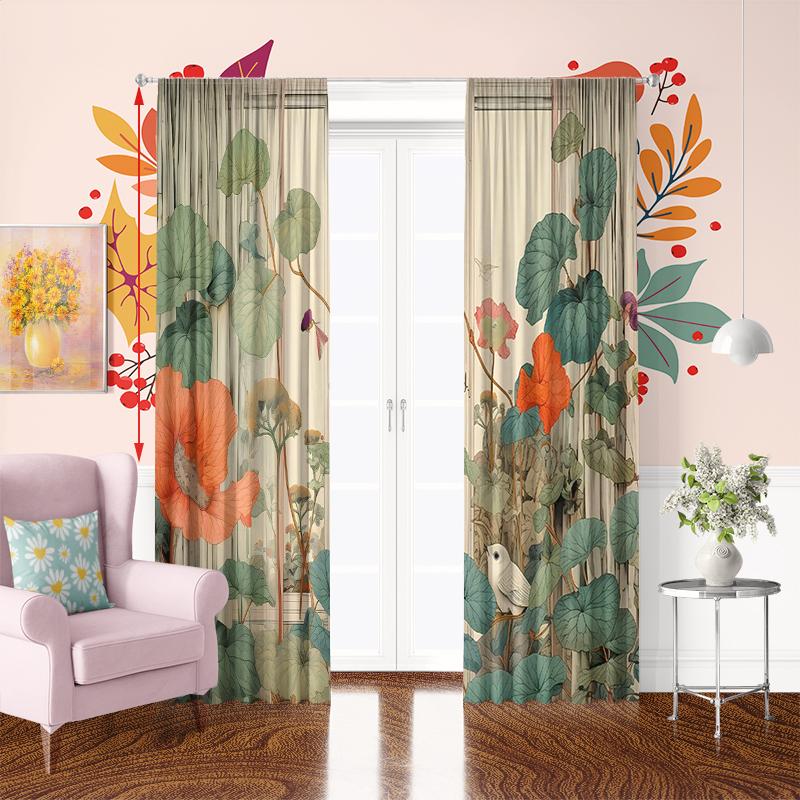 2pcs- Chinese-style fresh lotus polyester curtains, pole bag curtains 42*84, bedroom, living room, home room decoration