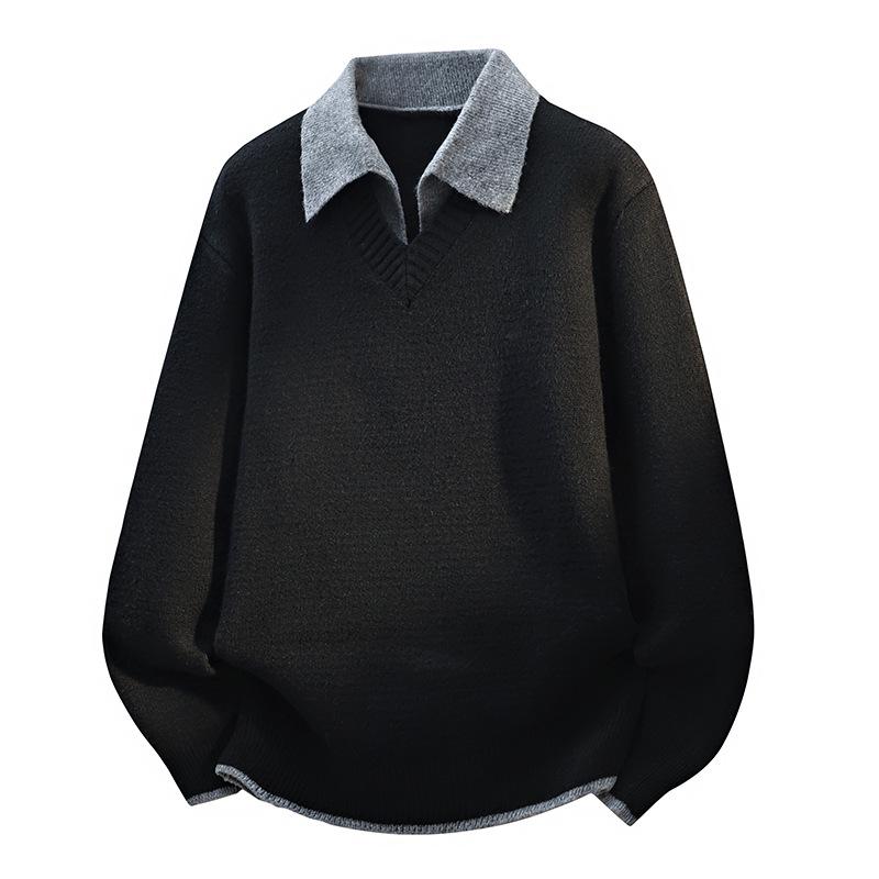 Men's Stylish Solid Color Two-Piece Look Lapel Sweater - Warm Japanese-Style Knitwear for Autumn/Winter.
