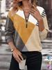 T-shirt da donna a maniche lunghe stampate a blocchi di colore autunnale Geometria Cerniera Scollo a V Streetwear Top da donna Ampi Abbigliamento casual