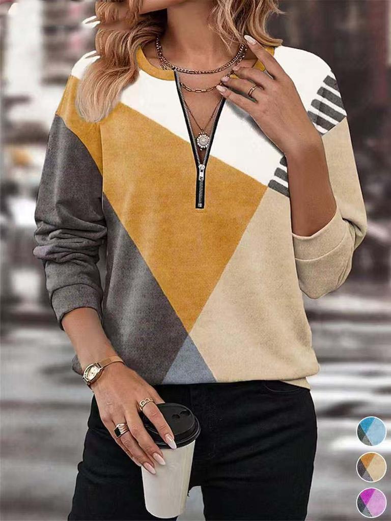 T-shirt da donna a maniche lunghe stampate a blocchi di colore autunnale Geometria Cerniera Scollo a V Streetwear Top da donna Ampi Abbigliamento casual